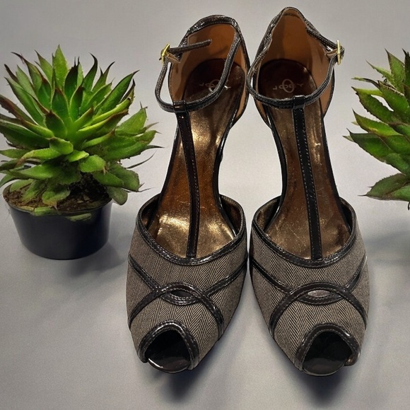 Joey O Brown Leather & Tweed Peep Toe Heels Size 10 Business Casual Suit Wear - Picture 1 of 11